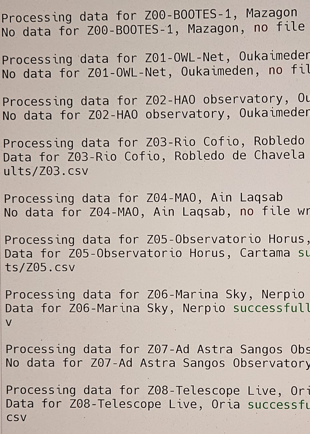 A computer screen with the text output of a program on it - the output is a list of processing logs of comet observatory data